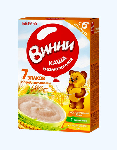 Vinni Prebiyotikli etti dona aralashmasidan sutsiz bo'tqa, 6 oydan boshlab, 200 g