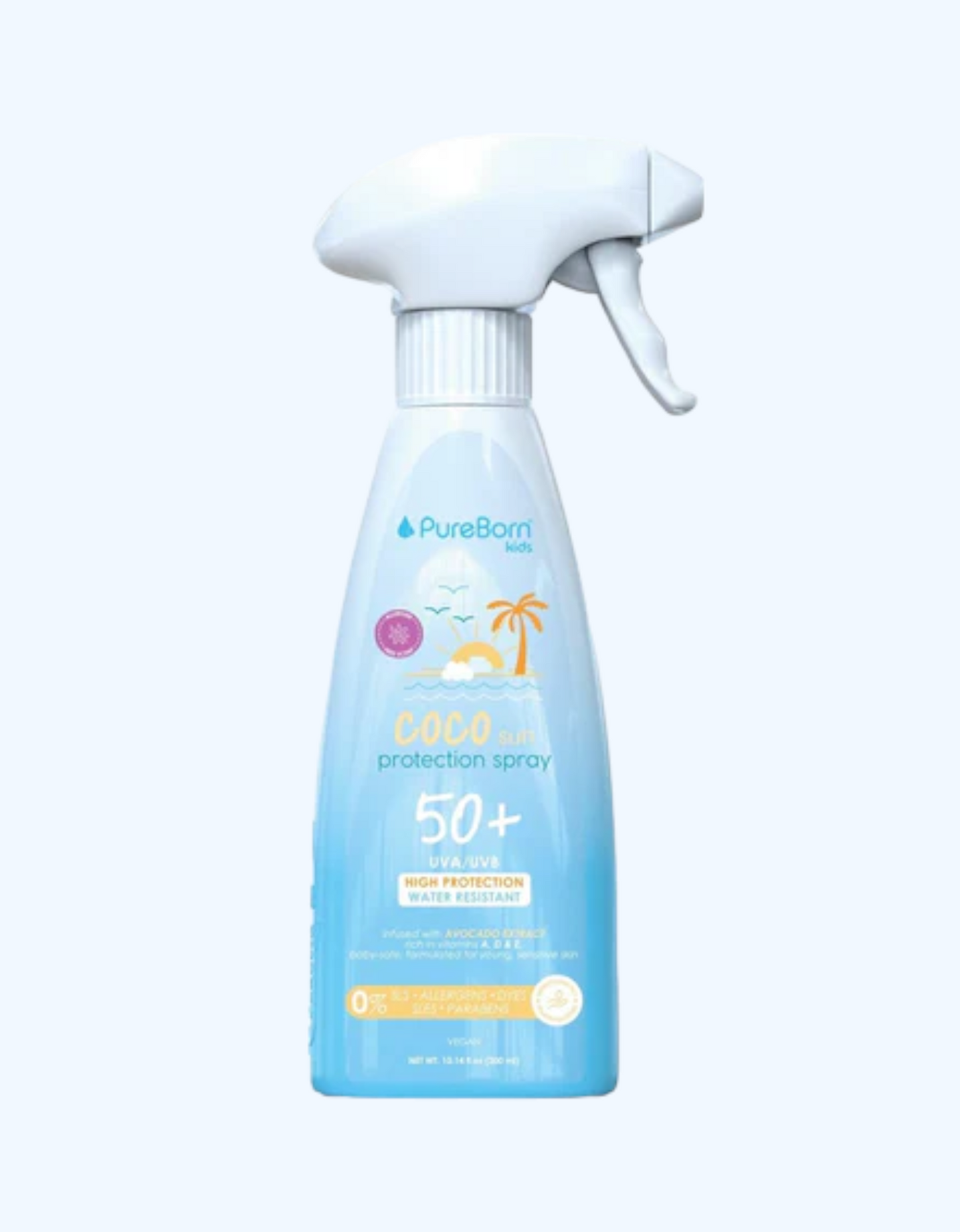 PureBorn Kids Quyoshdan himoya qiluvchi sprey "Coco Sun" SPF50+, 300 ml