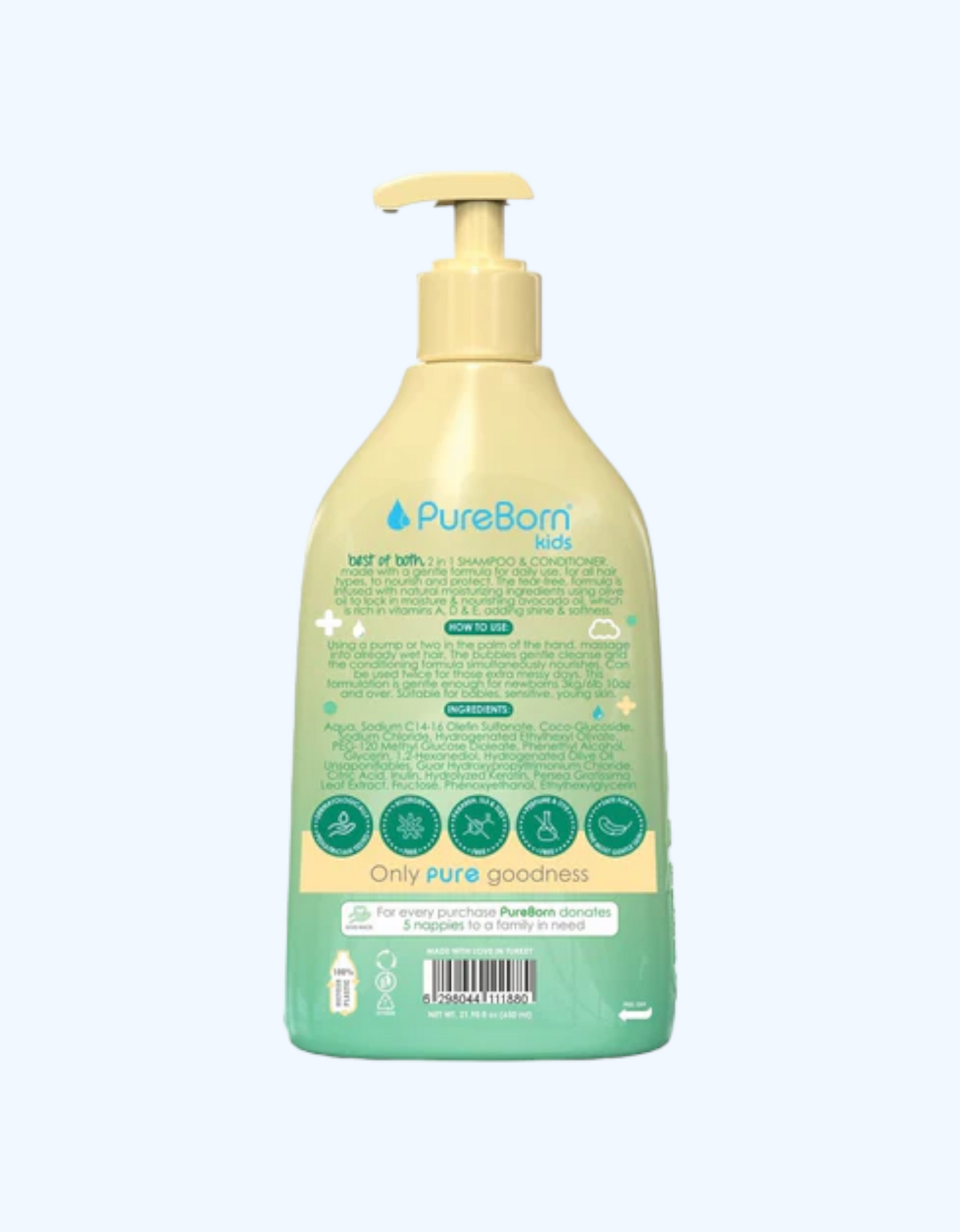 PureBorn bolalar uchun shampun va konditsioner 2 da 1, 650 ml