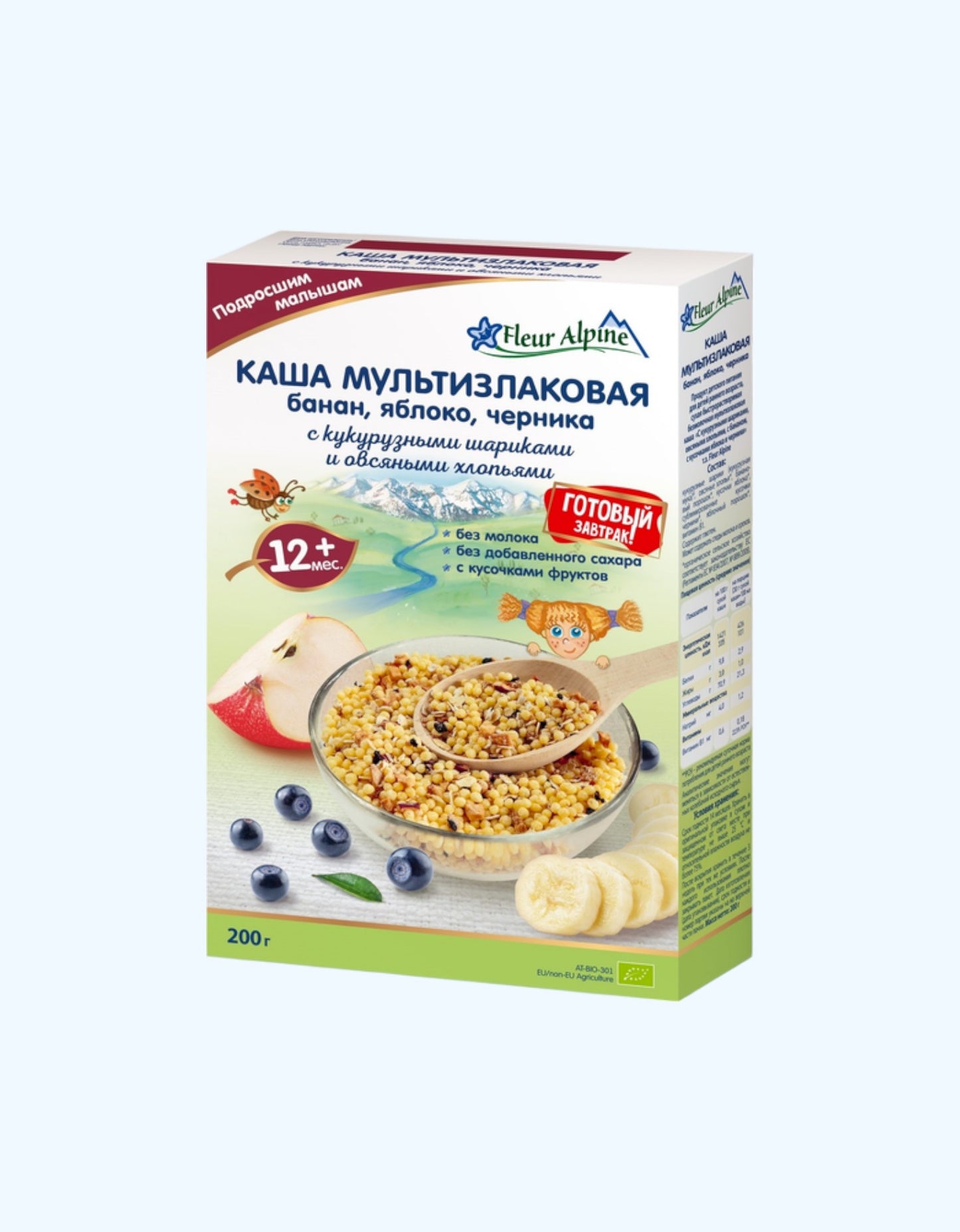 Fleur Alpine Каша мультизлаковая с бананом, яблоком и черникой, 12 мес., 200 г