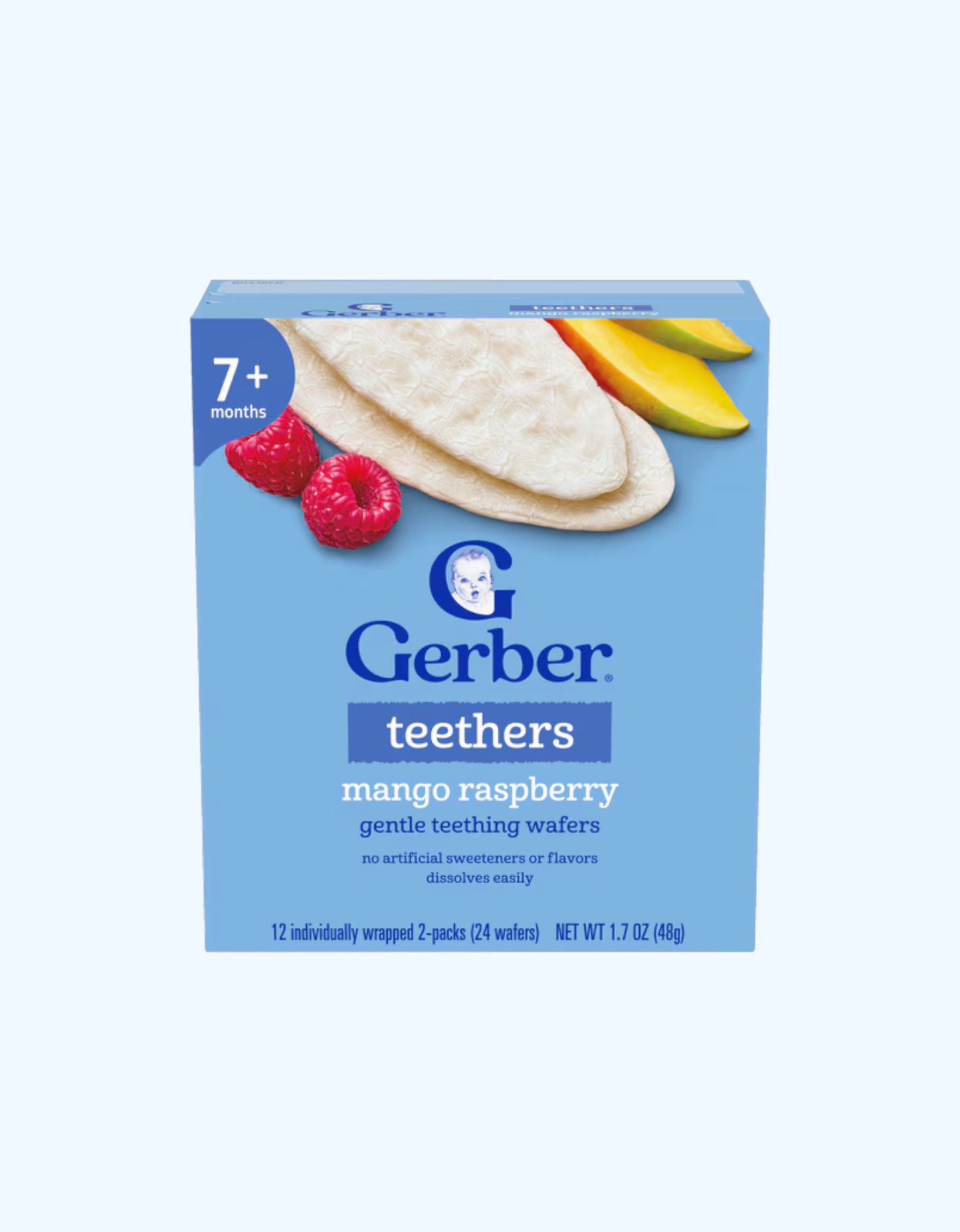 Gerber Teethers Tish chiqish uchun vafli, mango va malina tamida, 7+ oy, 48 g