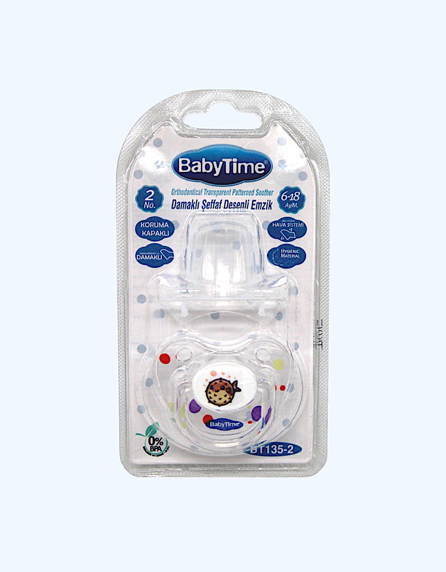 Baby Time Ортодоническая прозрачная пустышка с крышкой, 6-18 мес.