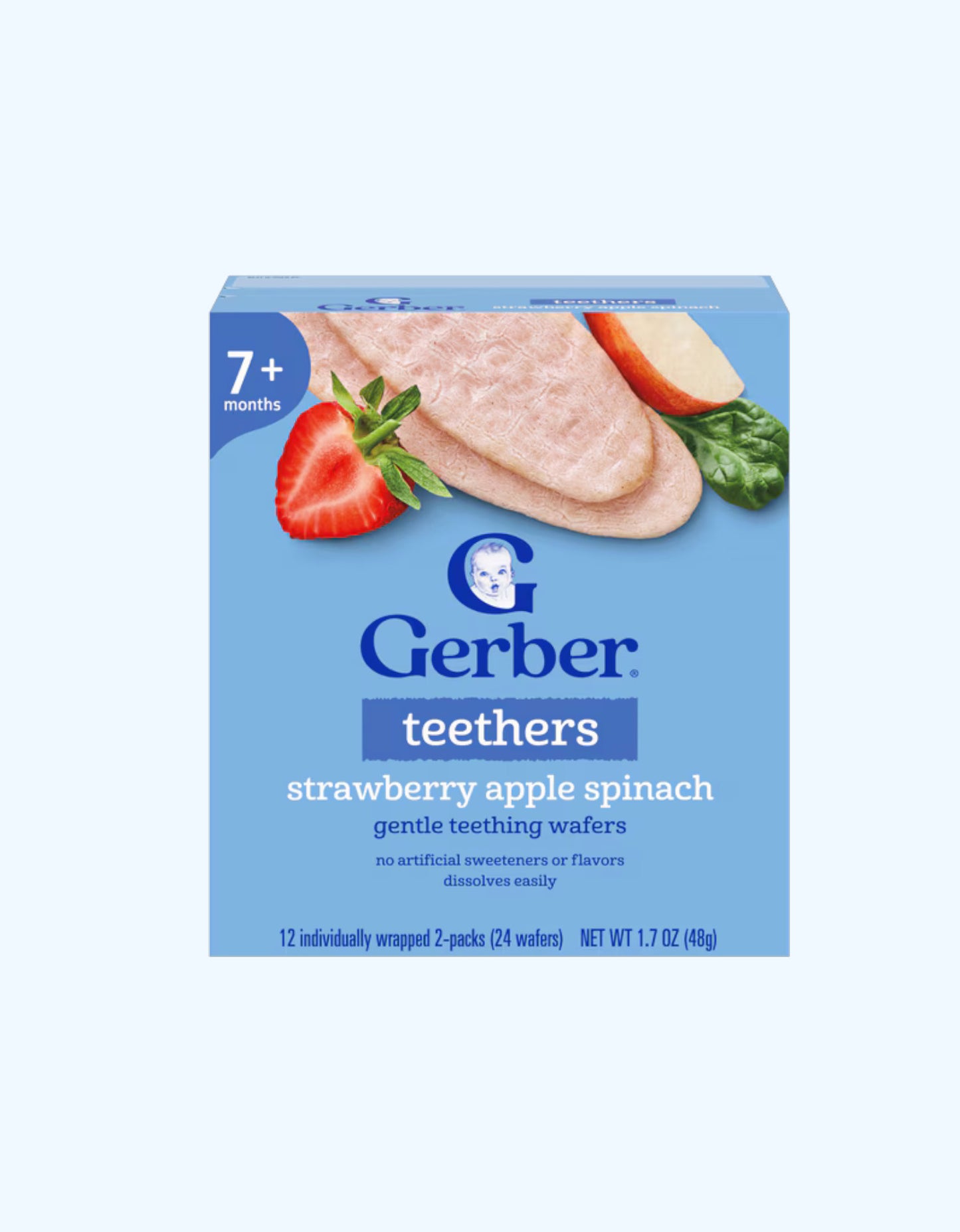 Gerber Teethers Вафли для прорезывания зубов, со вкусом яблоко, клубника и шпинат, 7+ мес., 48 г