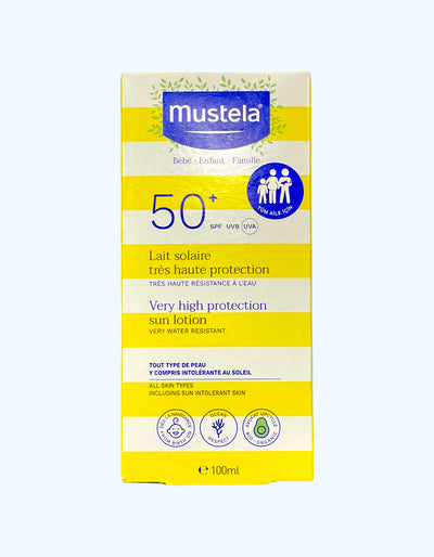 Mustela Quyoshdan himoya qiluvchi sut juda yuqori himoya darajasi 50+, 100 ml