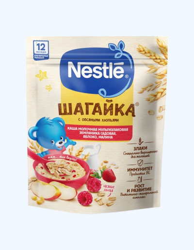 Nestle Шагайка Каша с овсяными хлопьями, земляника, яблоко, малина, мультизлаковая, 12+ мес., 190 г