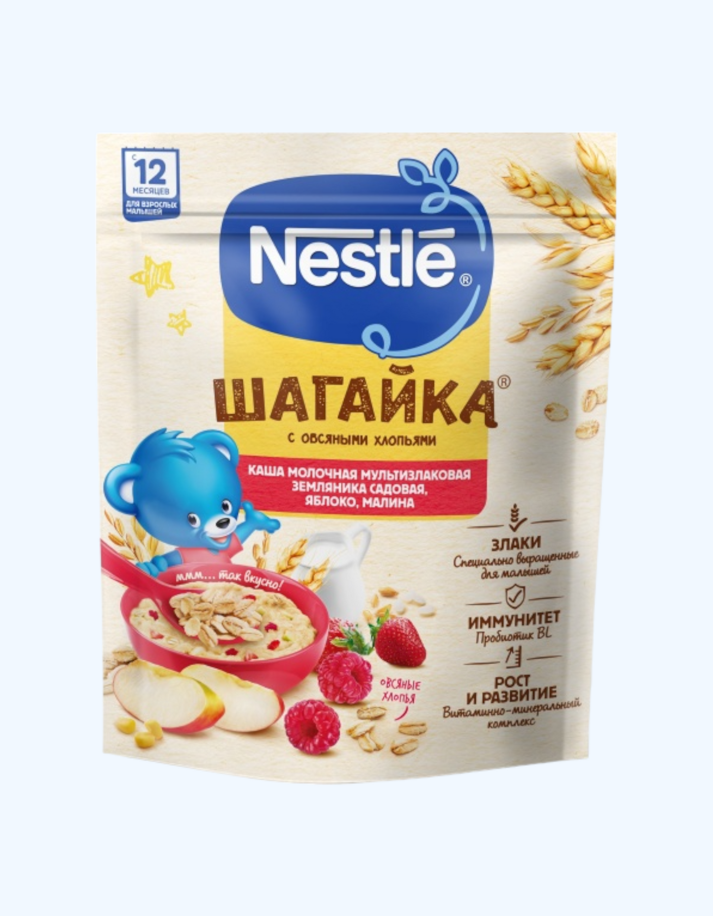 Nestle Shagayka pyuresi suli bo'laklari, qulupnay, olma, malina, ko'p donli, 12+ oylik, 190 g