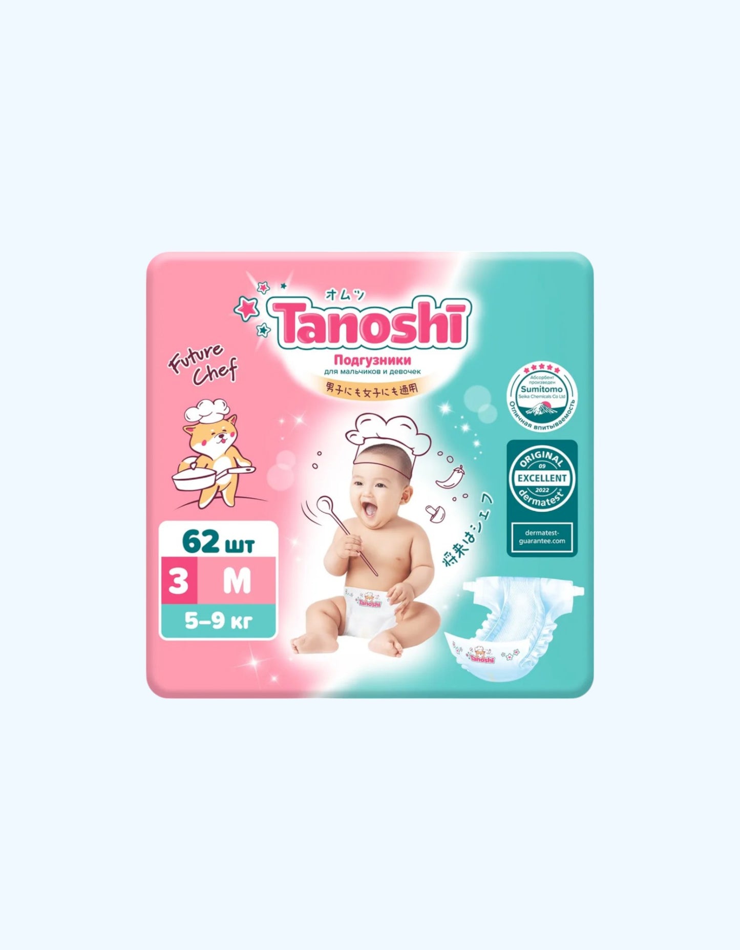 Bolalar uchun Tanoshi tagliklari, M, 5-9 kg, 62 dona