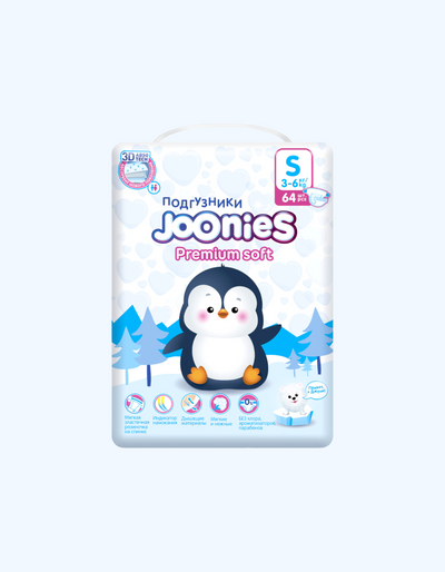 JOONIES Подгузники Premium Soft, S (3-6 кг), 64 шт