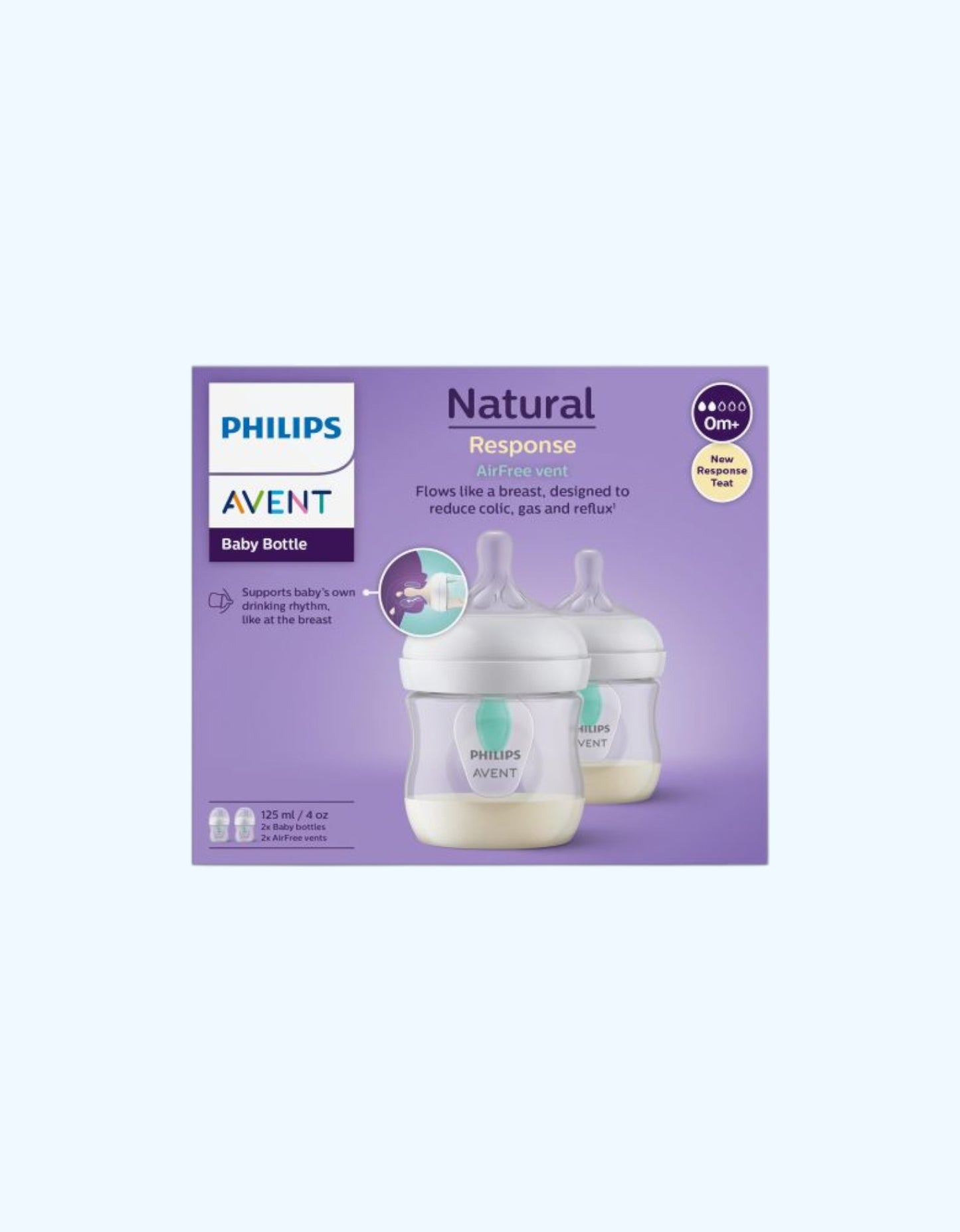Avent Natural Response Bolalar kichik shishalari AirFree klapan bilan, sekin oqim, 2 dona, 0-3 oy, 125 ml