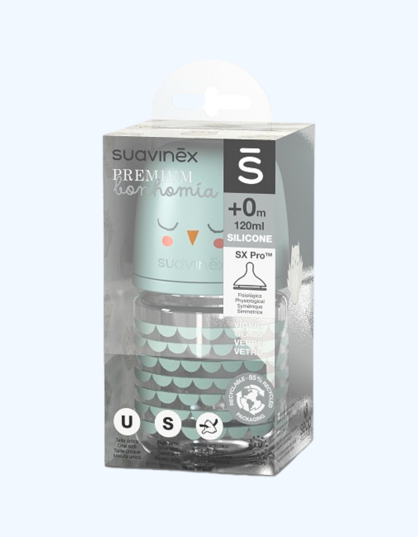 Suavinex Стеклянная бутылочка для кормления FEATHER, 0+ мес, 120 мл