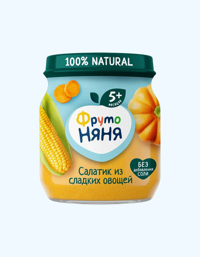 ФрутоНяня Пюре, кукуруза, тыква, морковь, салатик из сладких овощей, 5+ мес., 80 г