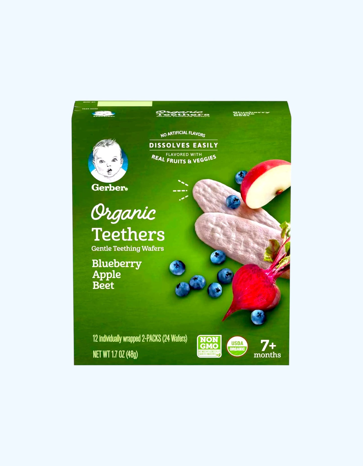 Gerber Teethers Вафли для прорезывания зубов, со вкусом черника, яблоко и свекла, 7+ мес., 48 г