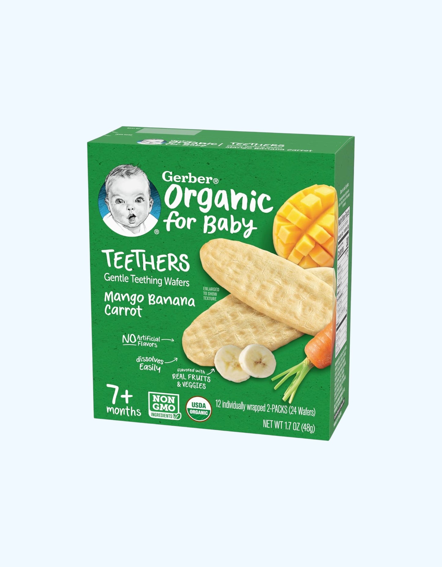 Gerber Teethers Вафли для прорезывания зубов, со вкусом манго, банан и моркови, 7+ мес., 48 г