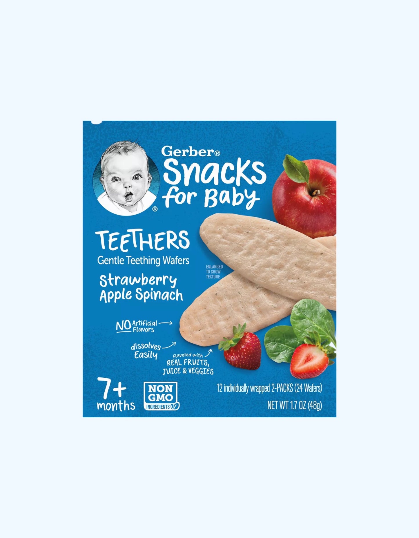 Gerber Teethers Вафли для прорезывания зубов, со вкусом яблоко, клубника и шпинат, 7+ мес., 48 г