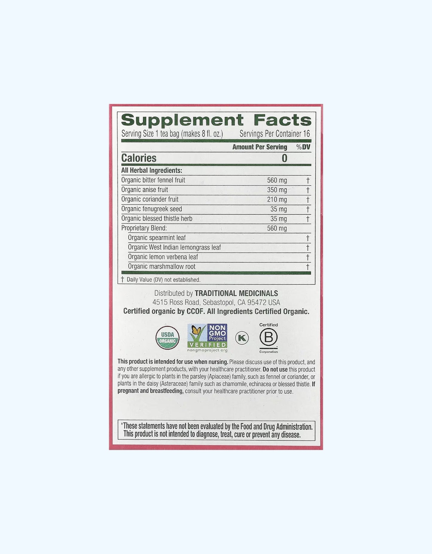 Traditional Medicinals Чай для здоровой лактации, с фенхелем и пажитником