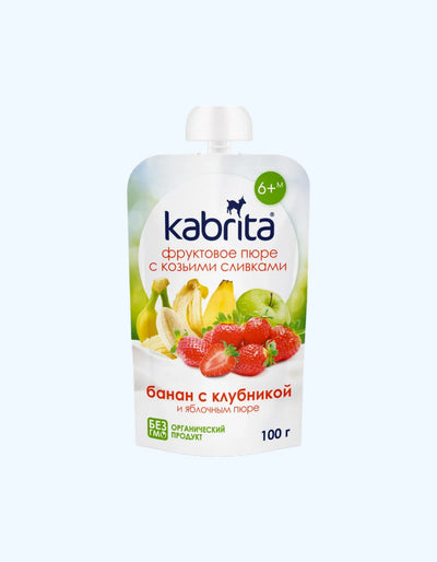 Kabrita Фруктовое пюре, банан с клубникой и яблочным пюре, 6+ мес., 100 г