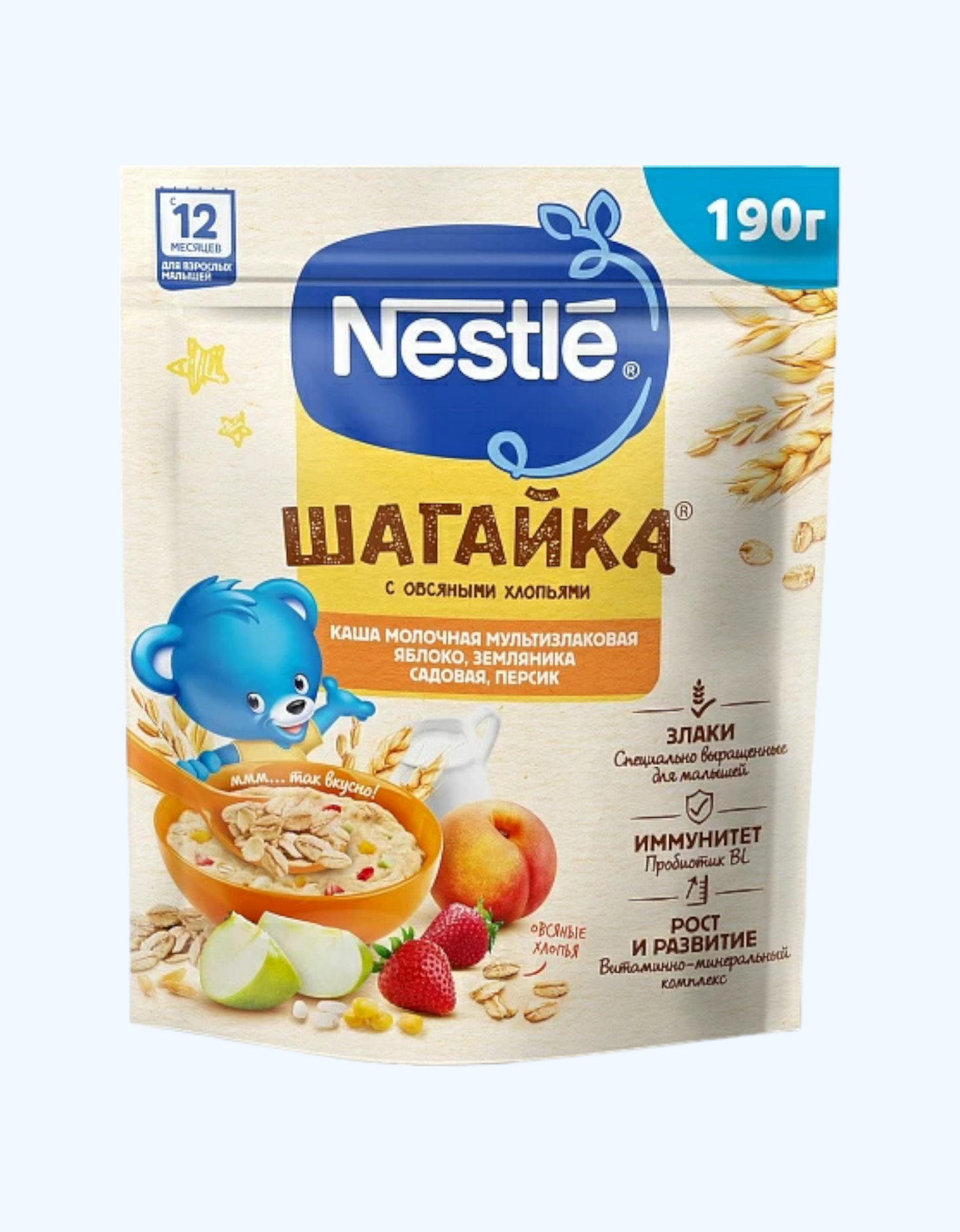 Nestle Shagayka pyuresi, suli bo'laklari, olma, qulupnay, shaftoli, ko'p donli, 12+ oy, 190 g