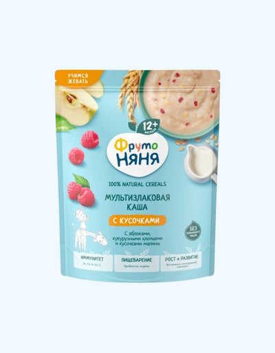 ФрутоНяня Каша молочная мультизлаковая с яблоком, малиной и кукурузными хлопьями, 12+ мес., 190 г