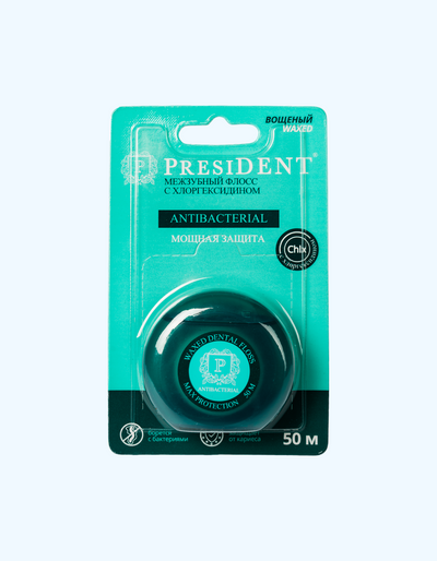 PresiDent Зубная нить "Antibacterial", c хлоргексидином, 50 м