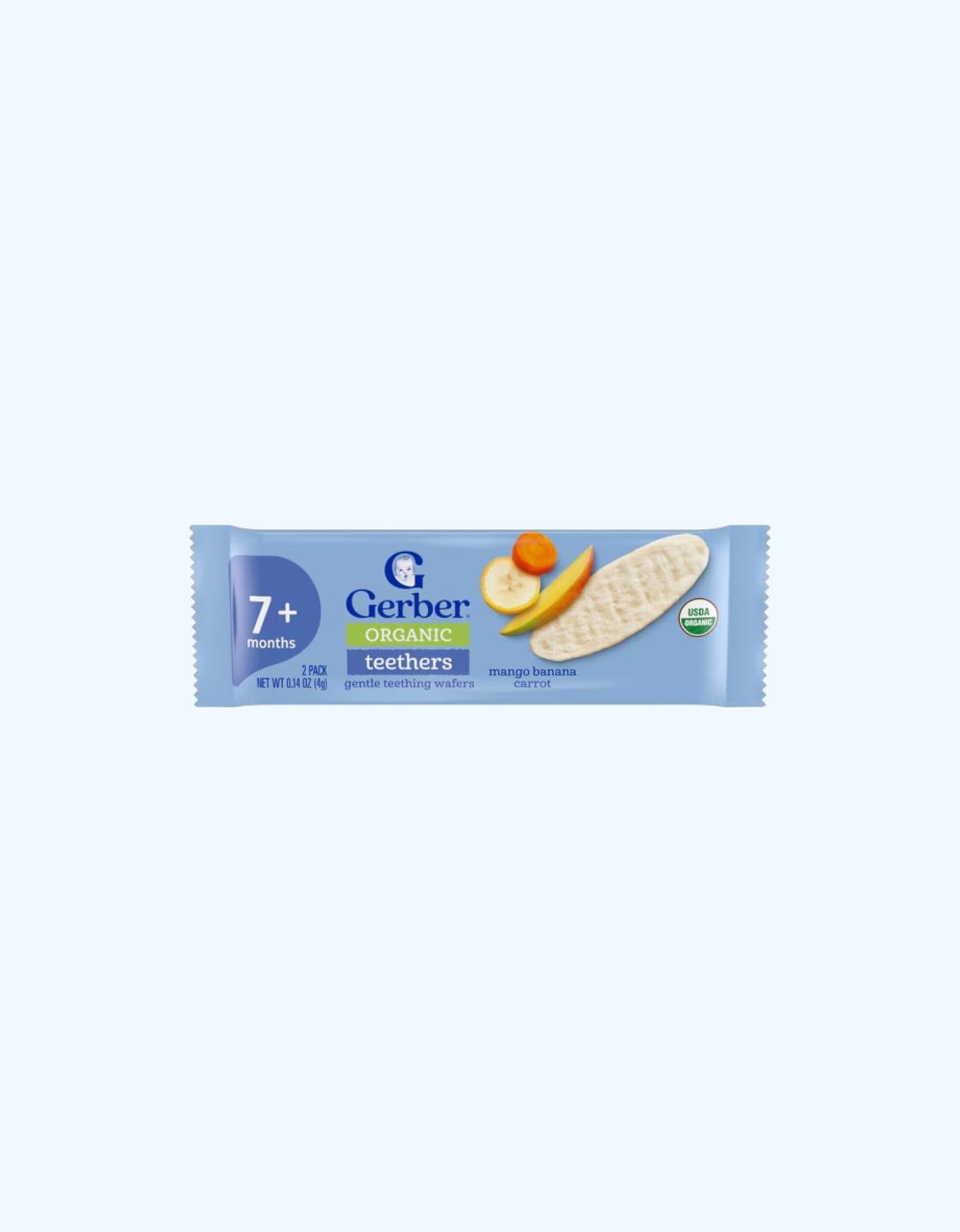 Gerber Teethers Tish chiqish uchun vafli, mango, banan va sabzi tamida, 7+ oy, 48 g