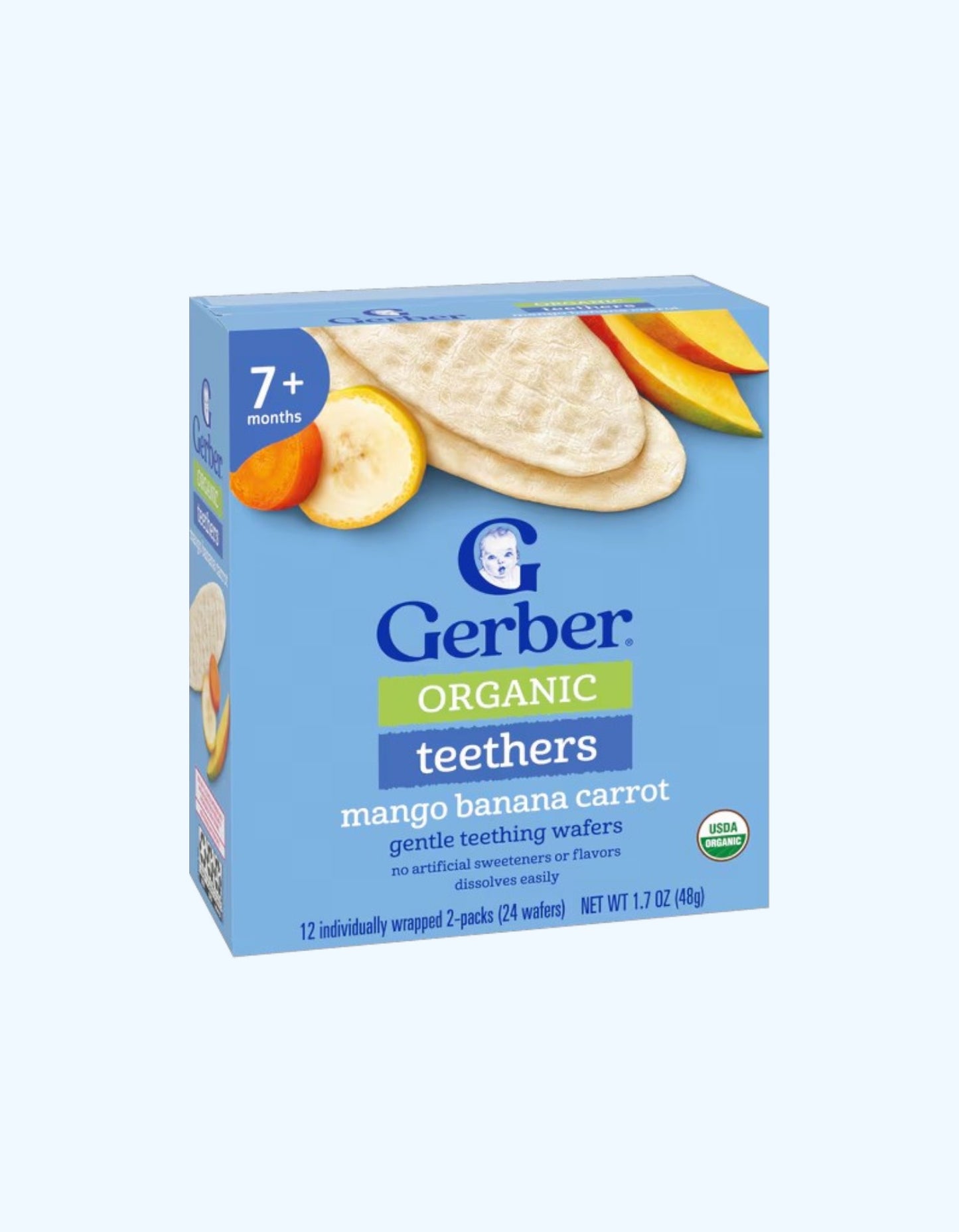 Gerber Teethers Tish chiqish uchun vafli, mango, banan va sabzi tamida, 7+ oy, 48 g