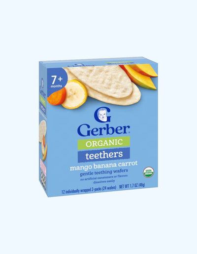 Gerber Teethers Вафли для прорезывания зубов, со вкусом манго, банан и моркови, 7+ мес., 48 г
