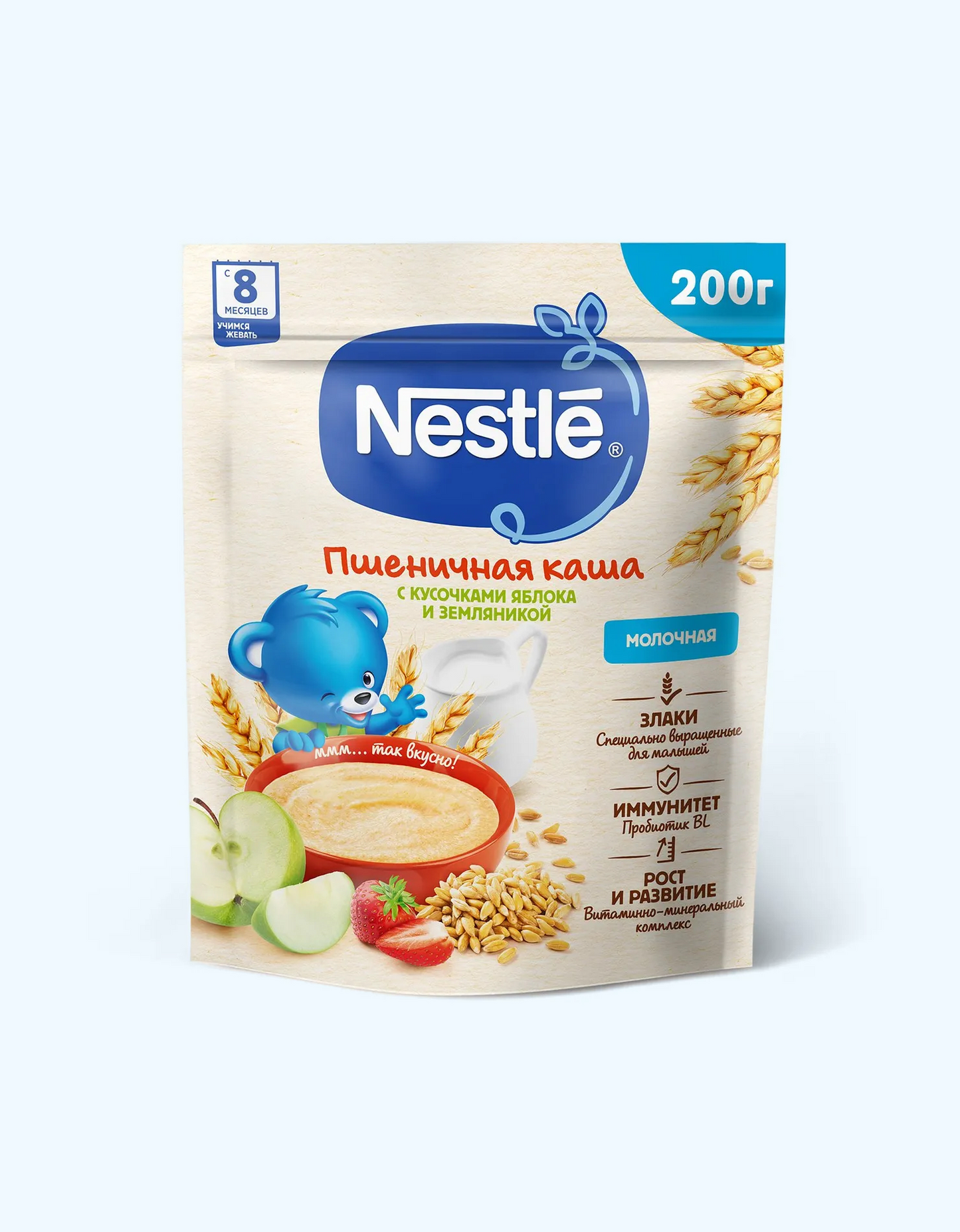 Nestle sutli bo'tqa, qulupnay va olma bilan bug'doy, 8+ oy, 200g