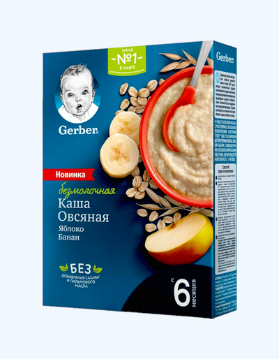 Gerber Sutsiz bo'tqa, jo'xori uni, olma, banan, 6+ oy, 180 g 