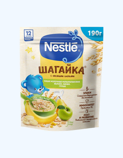 Nestle Шагайка Каша мультизлаковая, яблоко, банан, груша, с 12 мес., 190 г